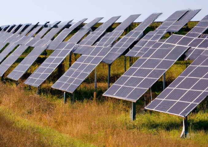 Rows of solar panels are installed in a field with grass growing around them, capturing sunlight to generate renewable energy, showcasing the promise of solar power expansion.