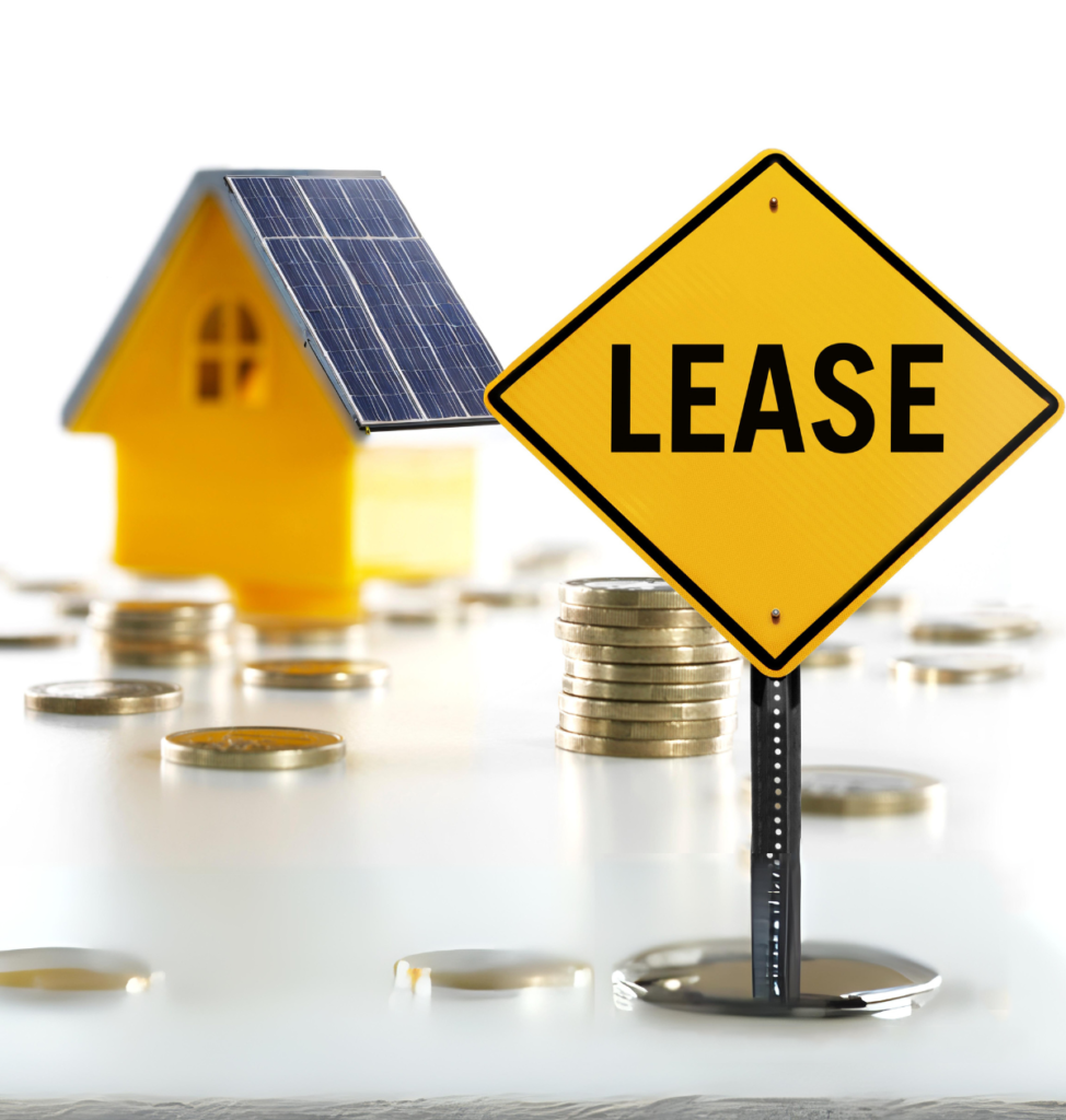 A sign displaying a house with coins in front of it, indicating options for refinancing or installing solar panels.