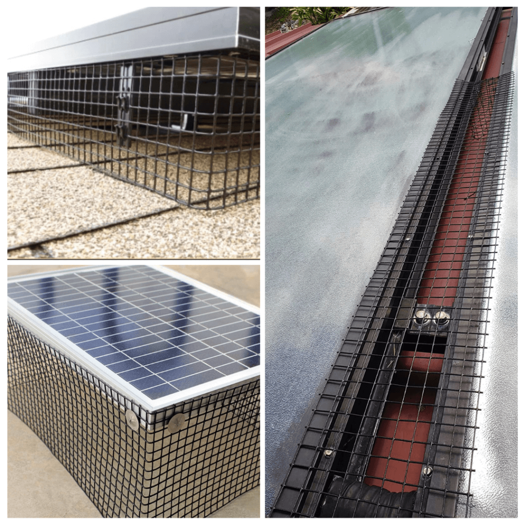 A series of photos showing solar panels and a metal roof.